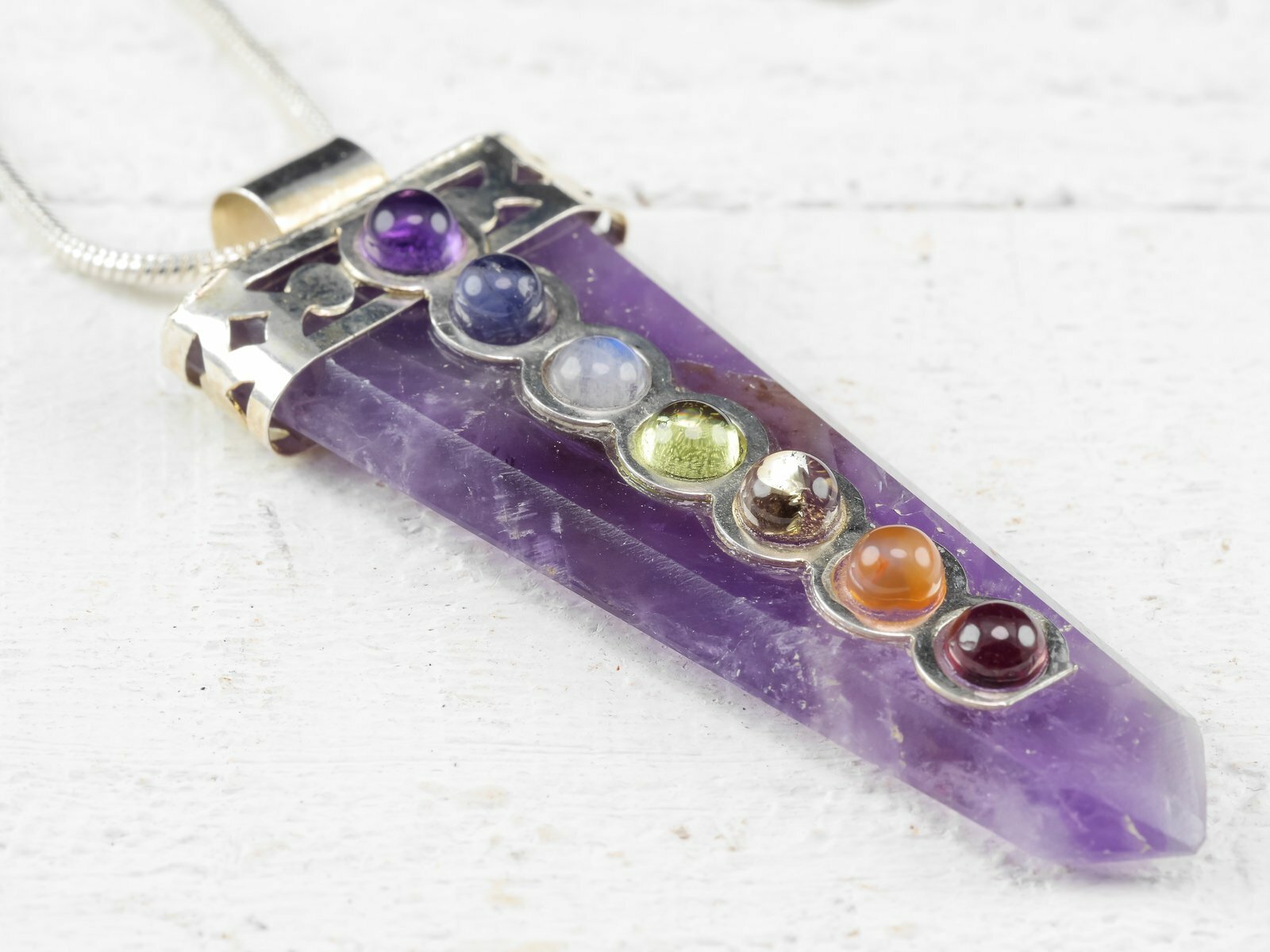 Amethyst Crystal Point 7 Chakra Gemstone Silver Pendant Necklace Reiki Healing