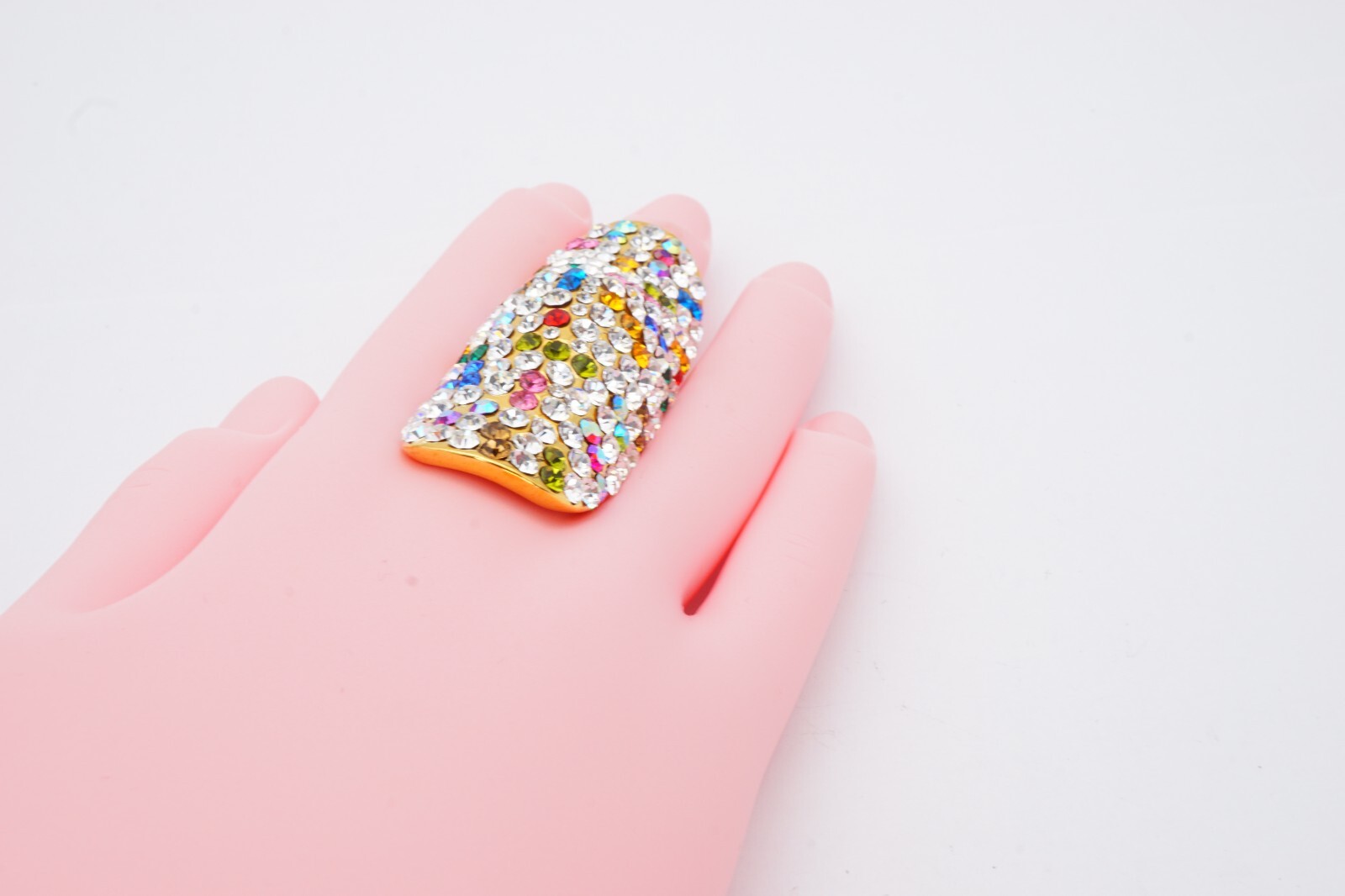 Full Finger Ring Size 7 Gold Tone Crystal Pink Blue Green Red