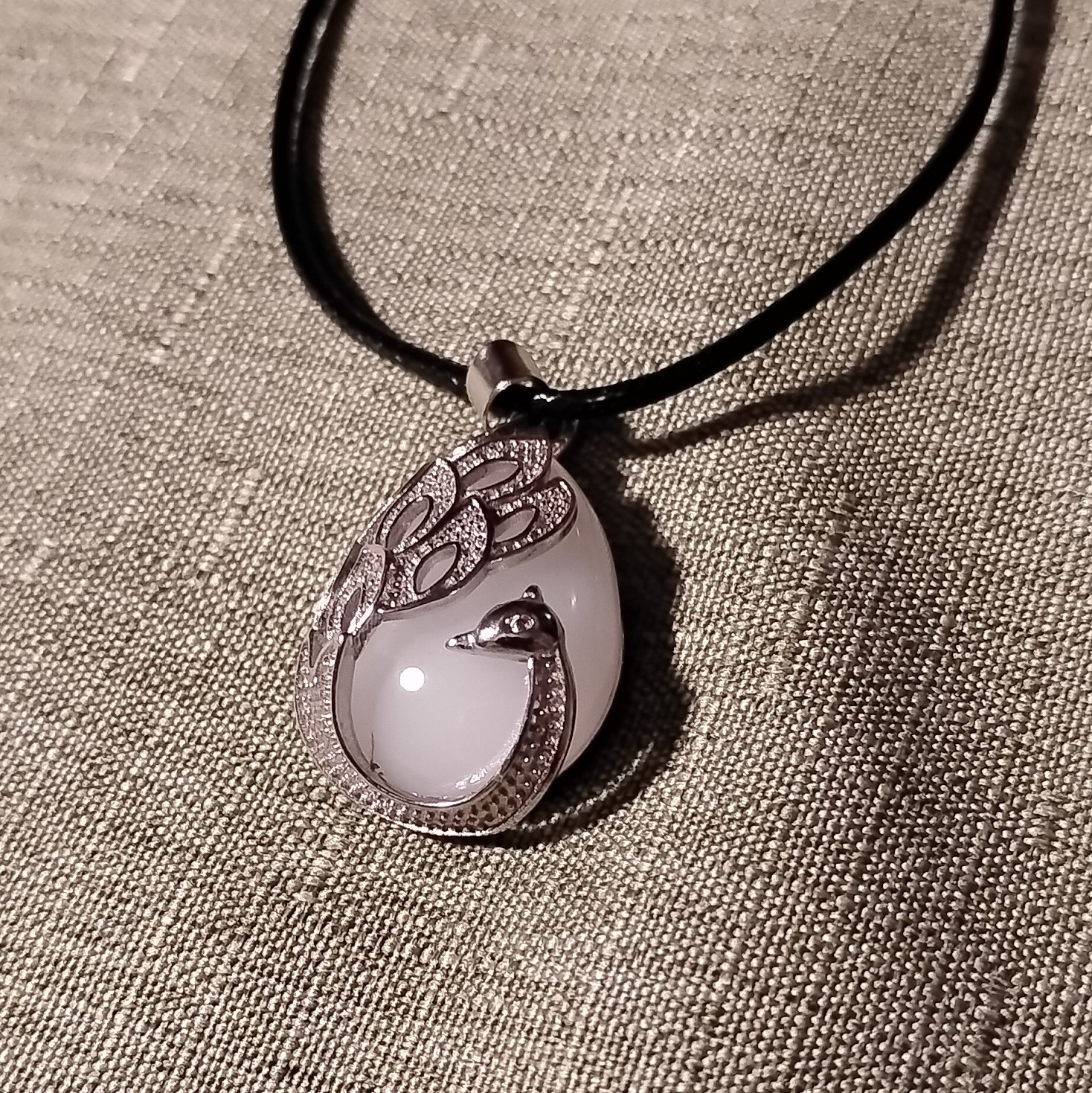 Peacock Charm Pendant Necklace Teardrop White Crystal Silver W/Black Cord. 3090.