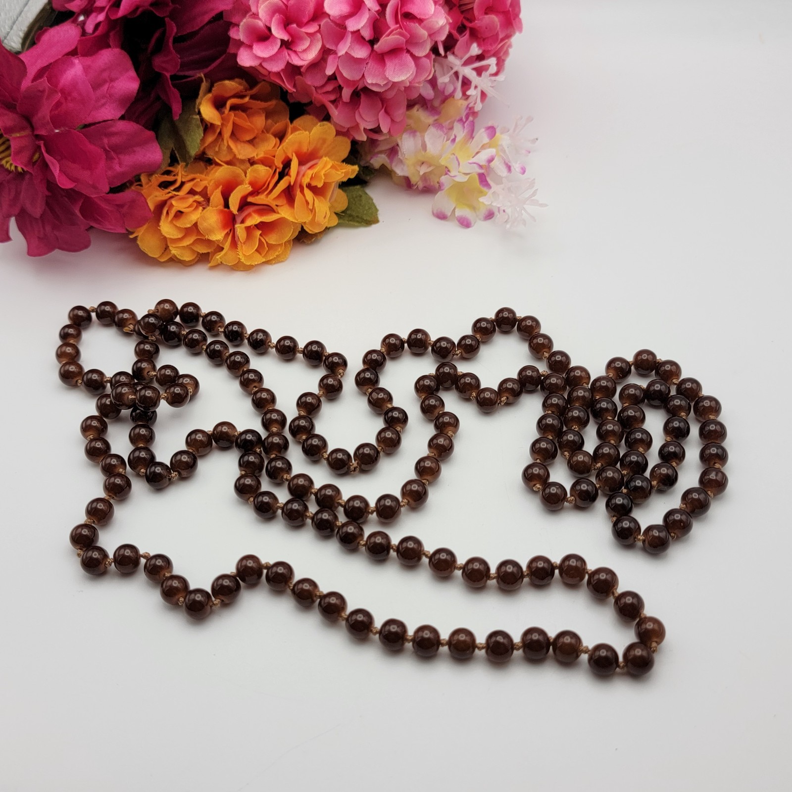 Brown Agate Beaded Necklace 58″ Continuous Strand 8.2mm Hand Knotted