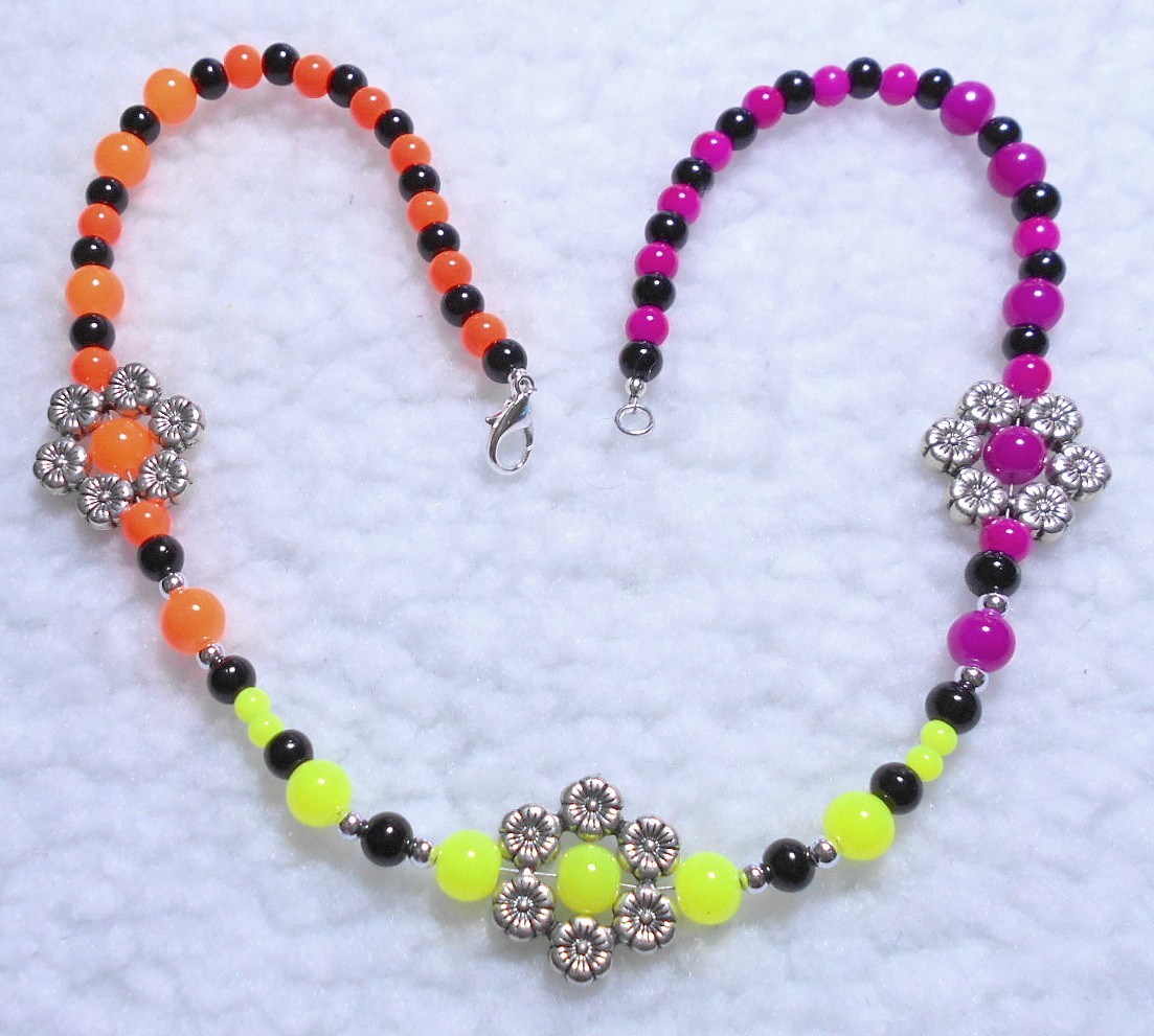 Handmade Flower Necklace Orange, Pink, Yellow. 20″, 51 cm long. (1C1)