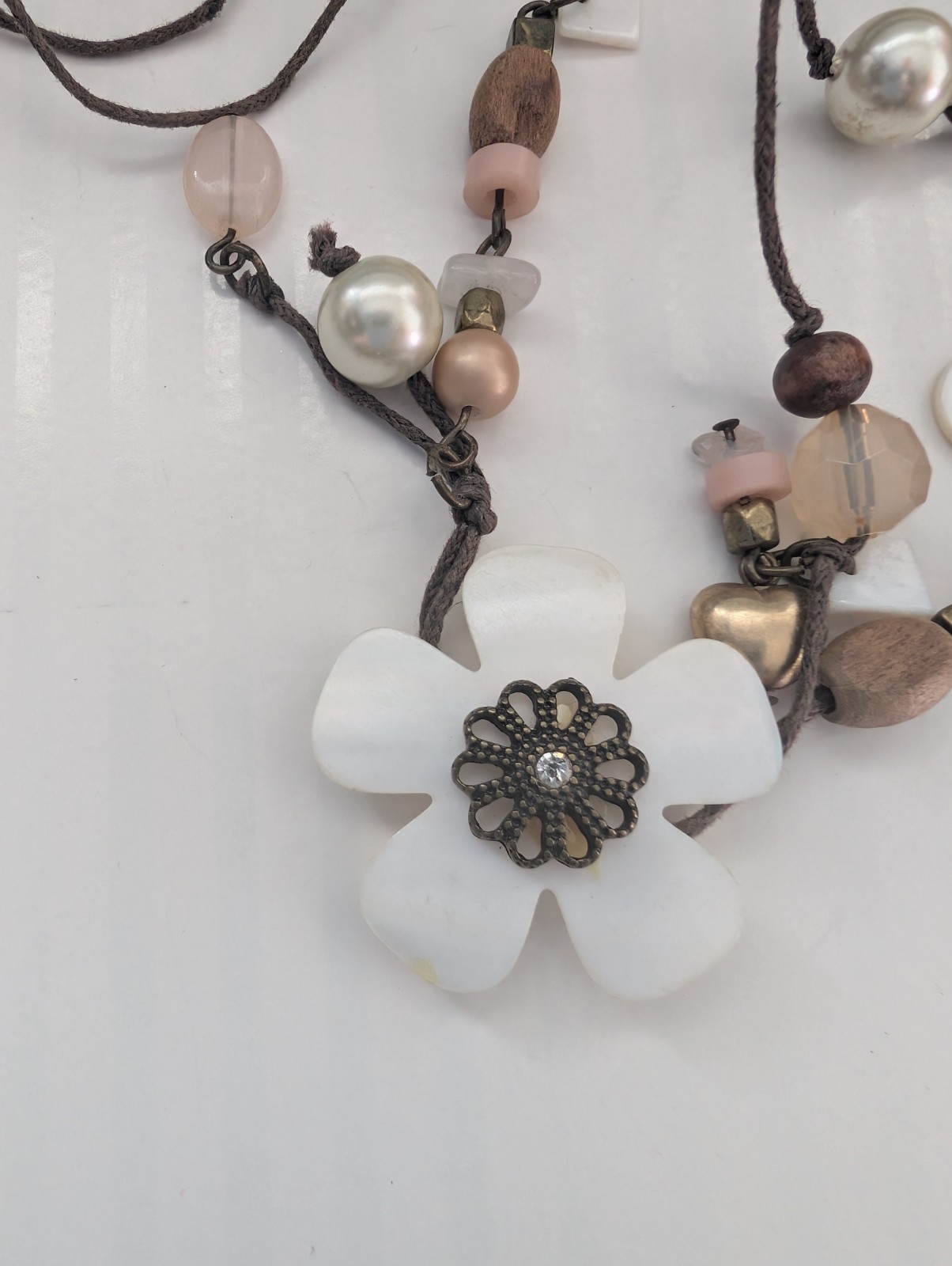 Next Signed Floral Heart Faux Crystal Pearl Wood Beaded Tassel Pendant Necklace