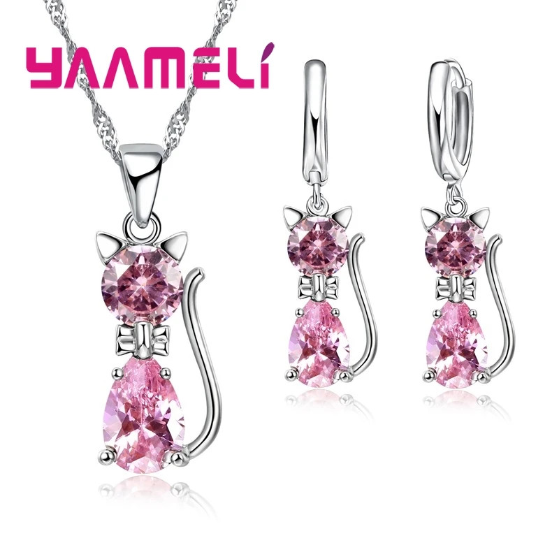 Silver Color Cat Pendant Necklace and Huggie Earrings Jewelry Set for Women Girl