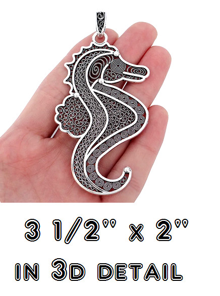X LARGE SEAHORSE SEA HORSE NAUTICAL Pendant 26″ 925 Sterling Silver Necklace