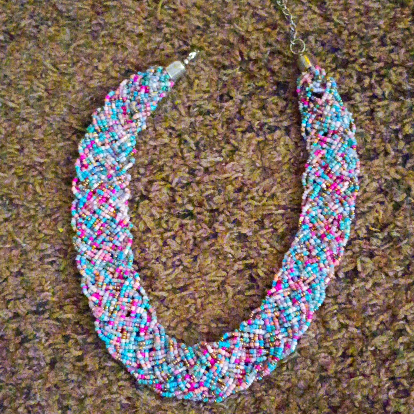 Multicolor Glass Seed Bead Braided Rope Necklace w/ Adjustable Extender