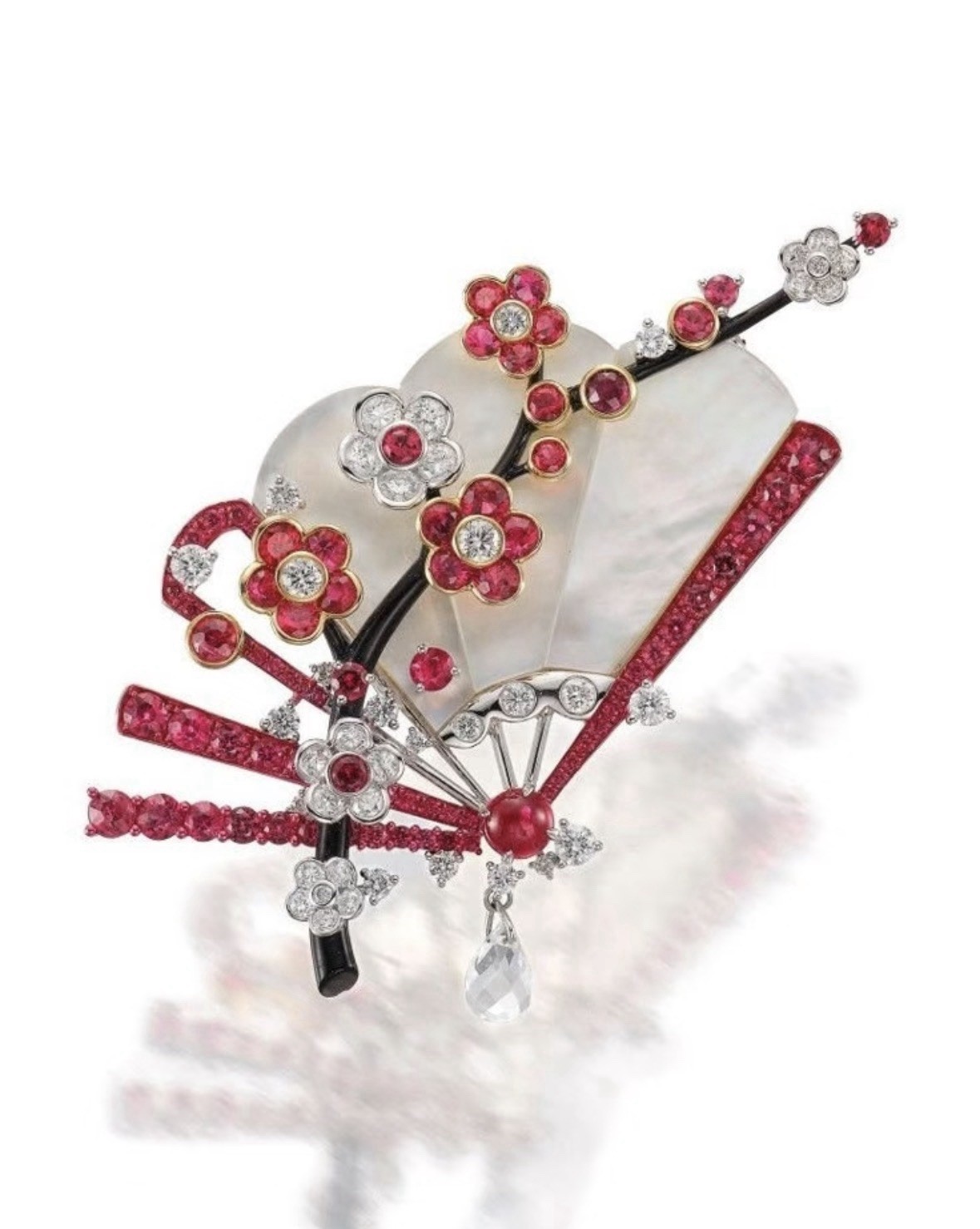 Chinese-Style Red Plum Blossom Folding Fan Brooch