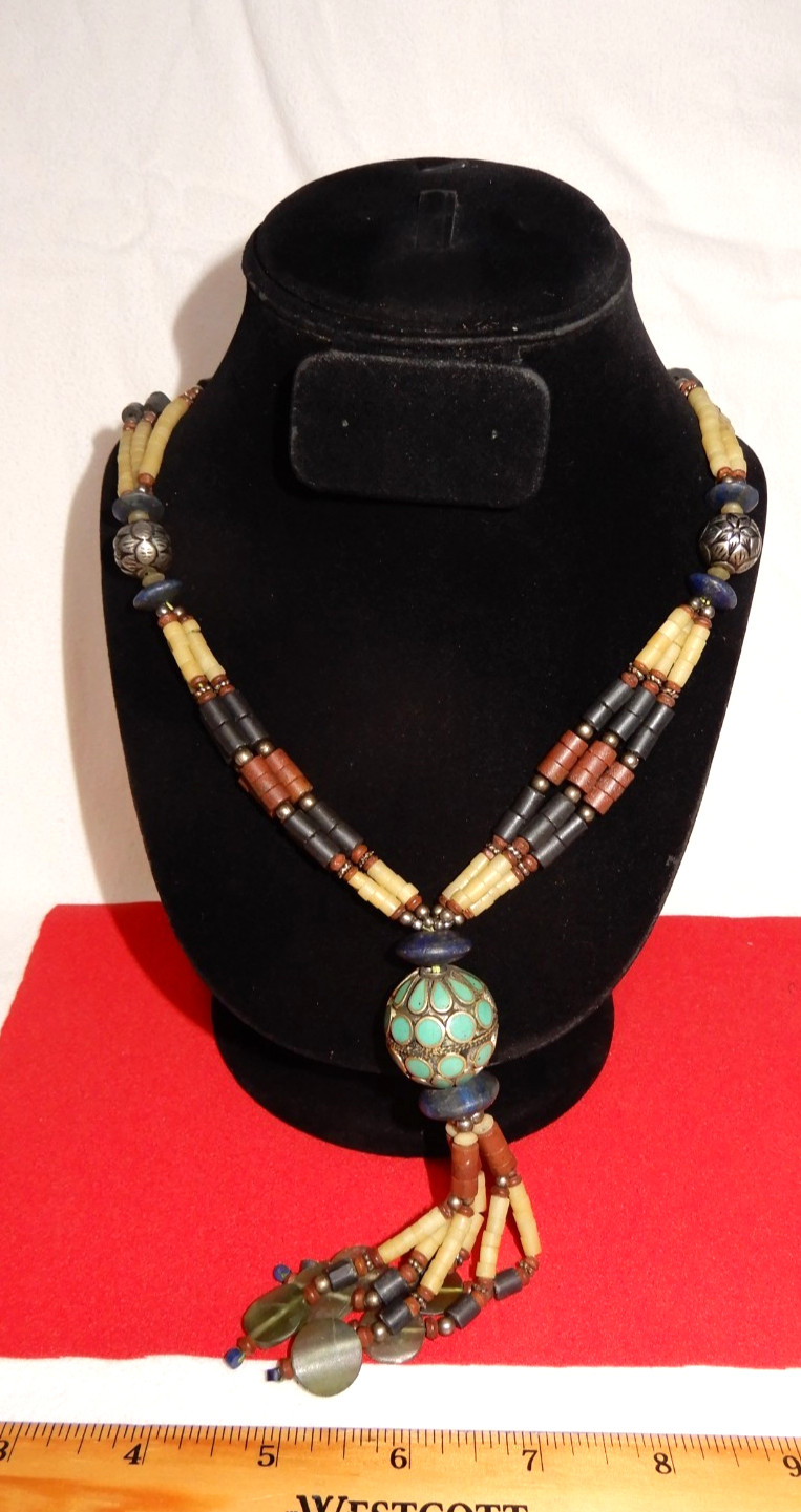 Ethnic, Boho Style Necklace 22″ + 4 1/2″ bangle -Tibetan Lg. Bead, lapis, stones