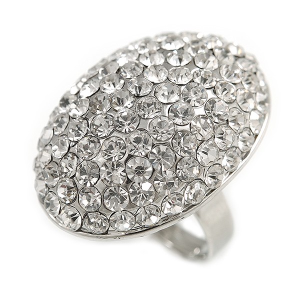 Oval Dome Shape Clear Crystal Ring In Silver Tone Metal – 30mm Long – 7/8 Size