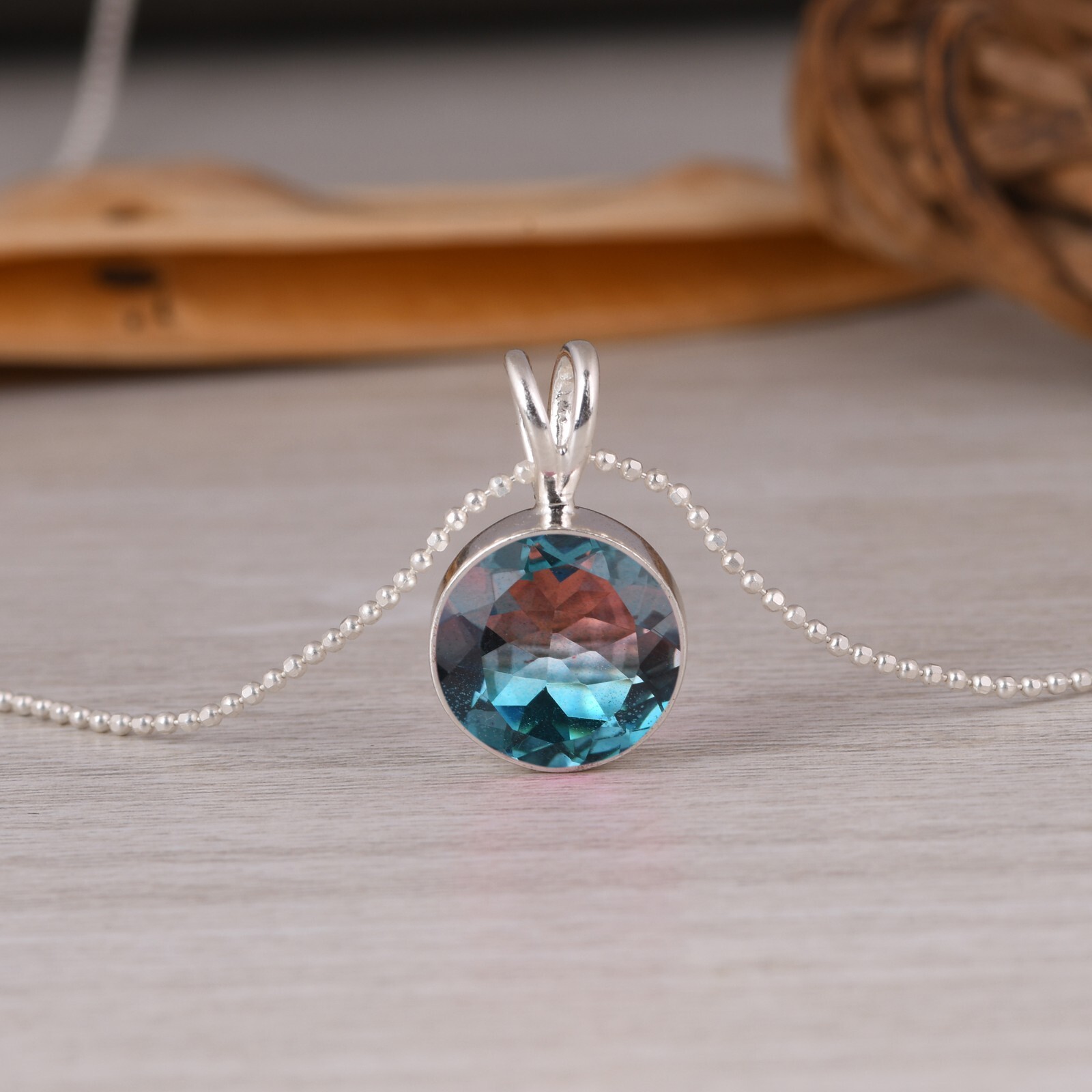 Alexandrite Gemstone Silver Plated Round Pendent Necklace Handmade Gift For Her