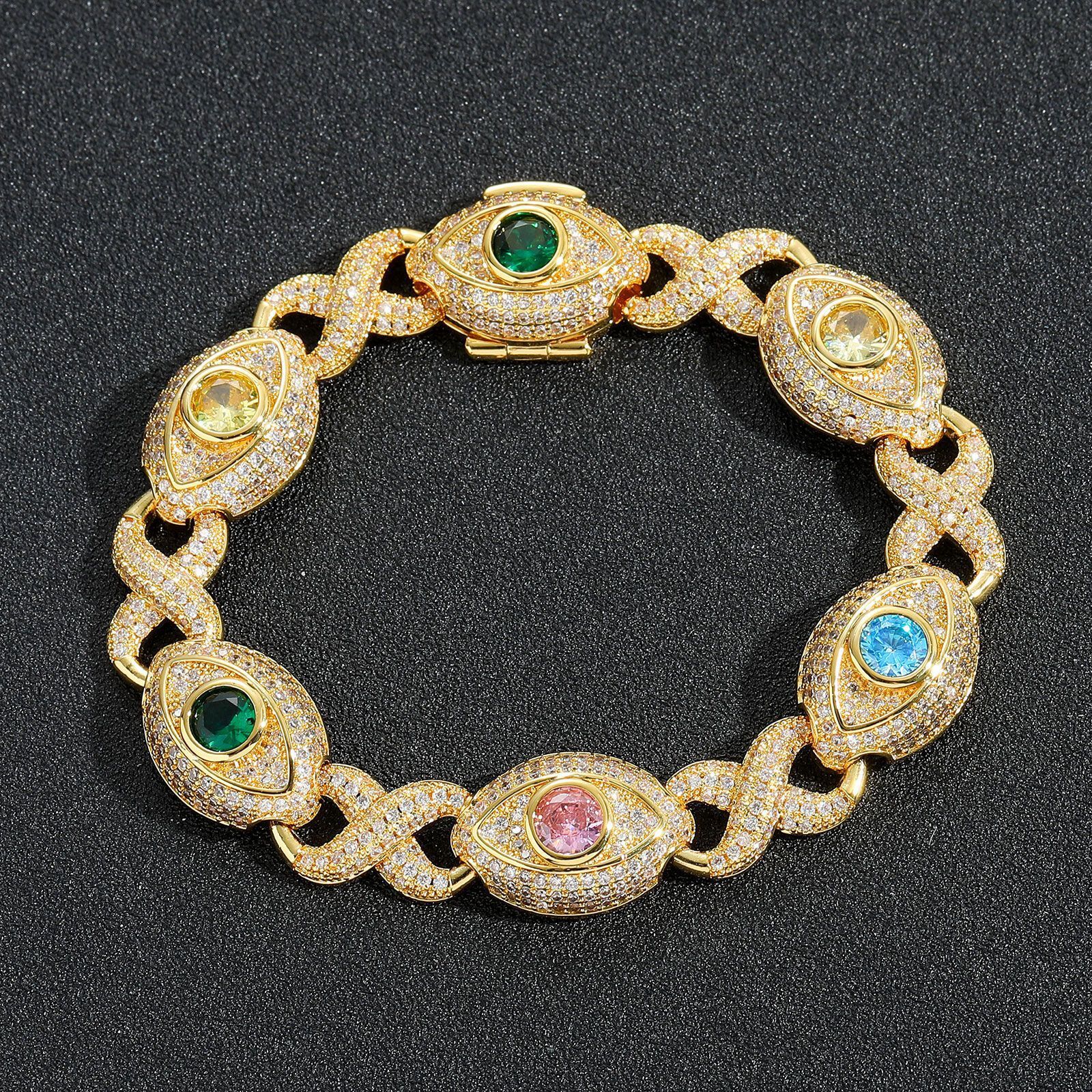 Cuban Chain Necklace Bracelets Zircon Mens Jewelry Hip Hop Colorful Eye