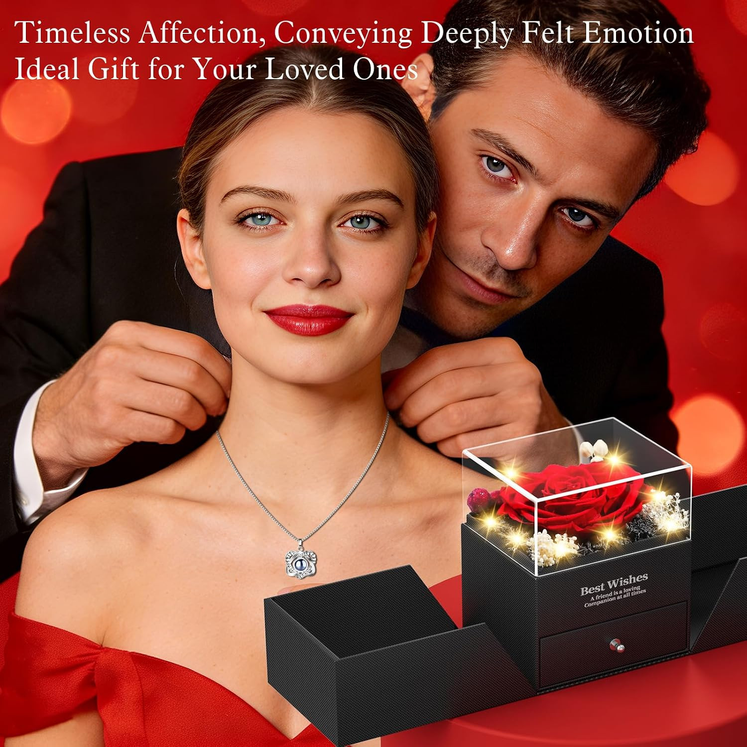 Preserved Red Rose Necklace with I Love You Heart – Forever Flowers Romantic Gif