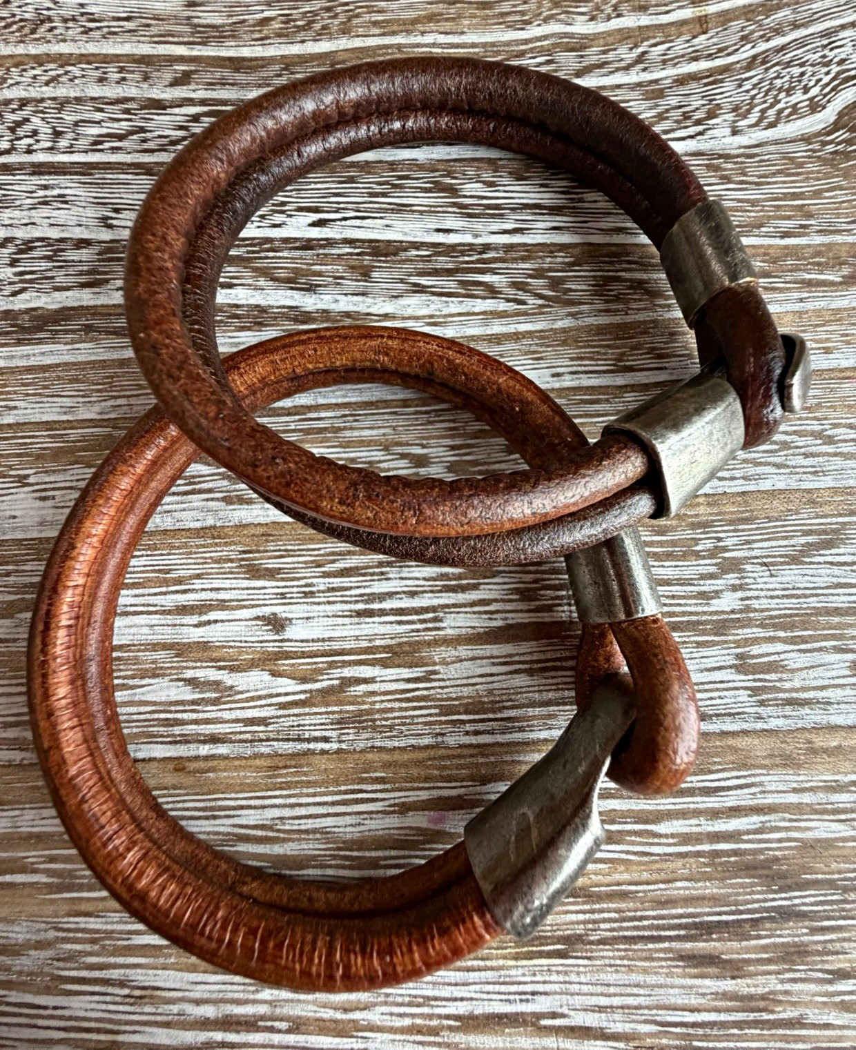 Lot of 2 Brown & Silver Leather Bangle Bracelets, Stackable, Hook Closure
