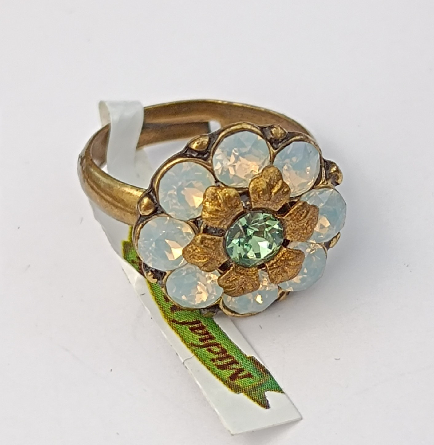 Michal Negrin Ring White Green Crystals Floral Romantic Garden Gala Adjustable