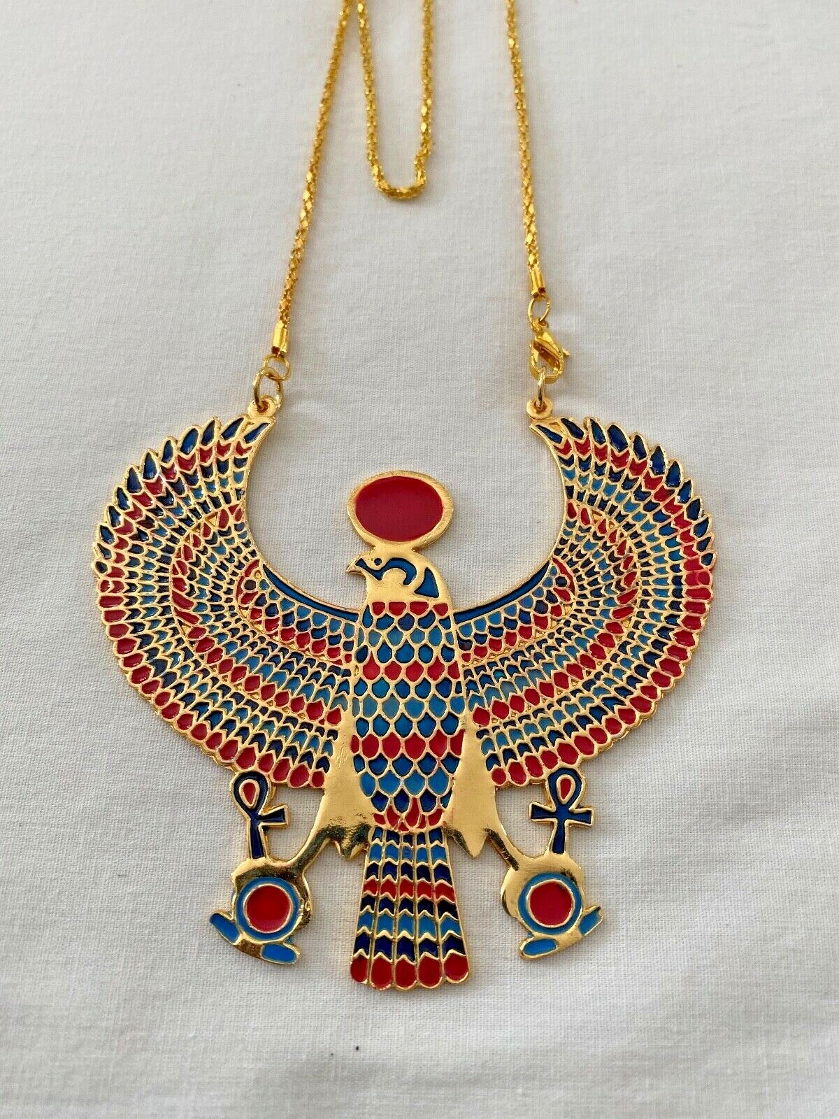 X-Large Egyptian Brass Gold Plated Multi-Color Horus Ankh Necklace 3.25″ X 3.25″