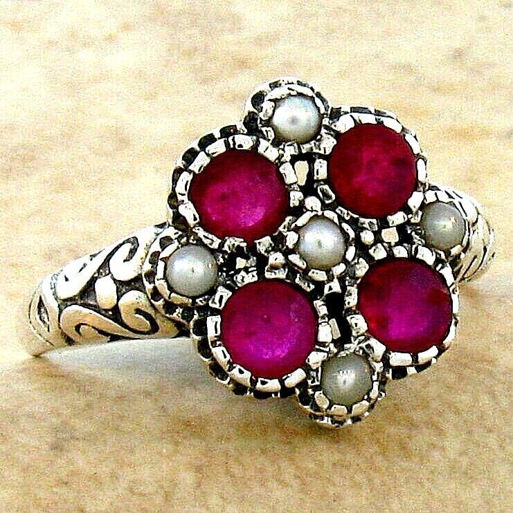 GENUINE RUBY & PEARL 925 STERLING SILVER NOUVEAU ANTIQUE STYLE RING 117X
