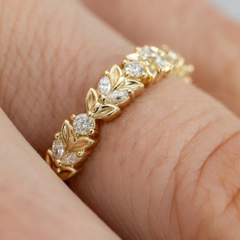 1.5Ct Round Cut Simulated Diamond Leaf Shape Wedding Ring 14K Yellow Gold Plated
