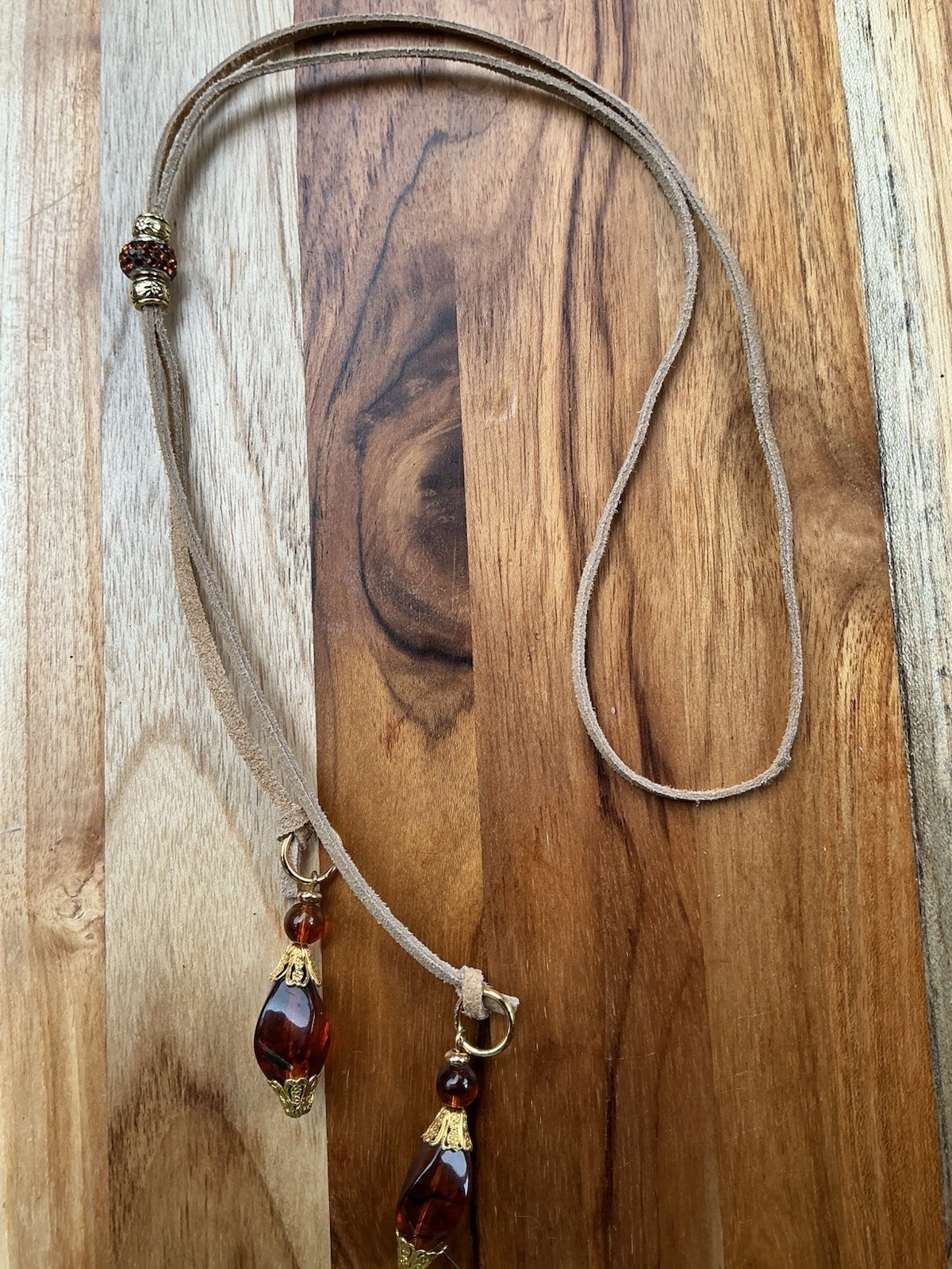 Western Beaded Bolo Necklace, Brown Glass Beads Leather Cord