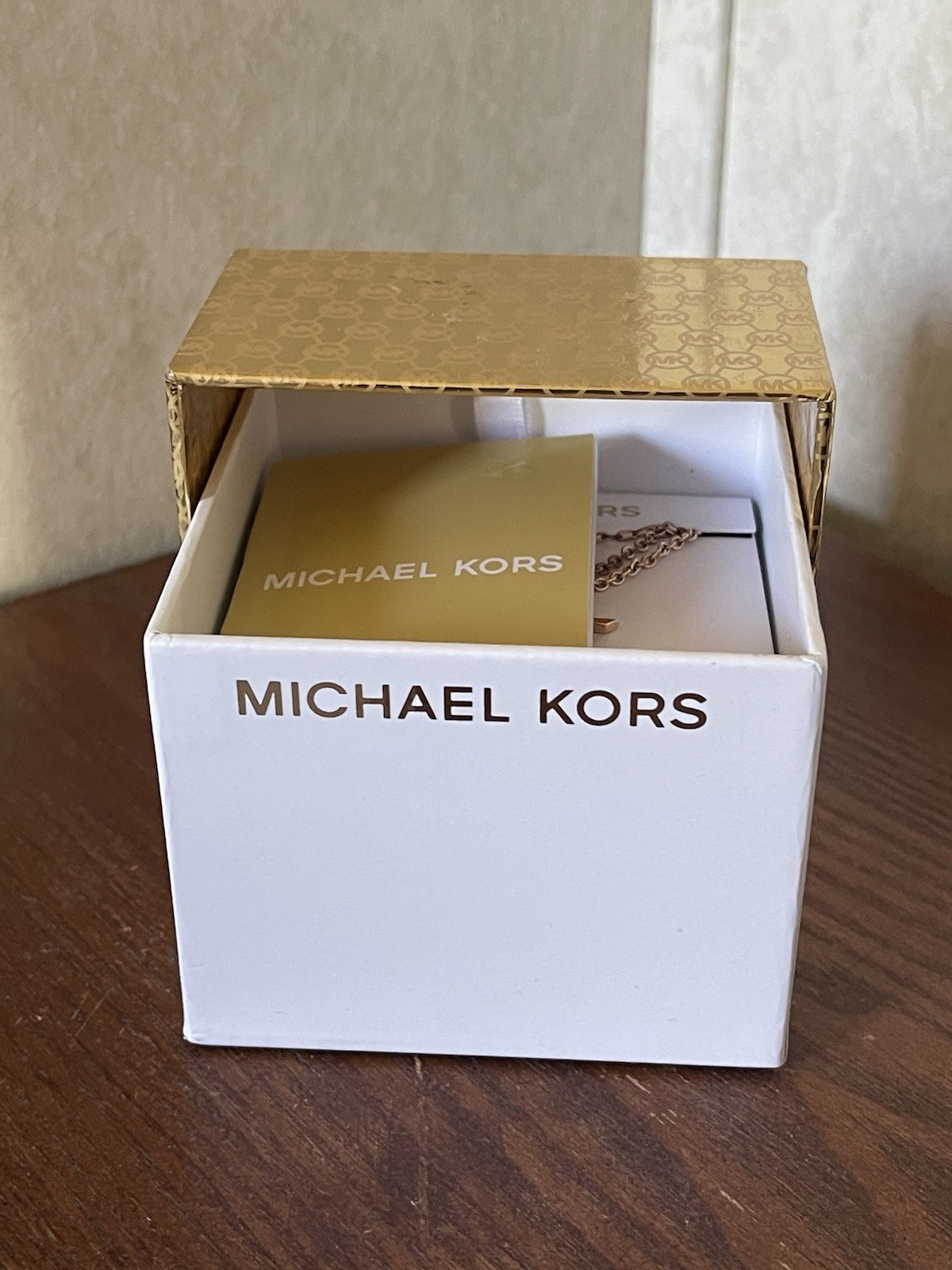 Michael Kors Rosegold Multi Layer Pave Open Heart Logo Necklace AUTHENTIC!