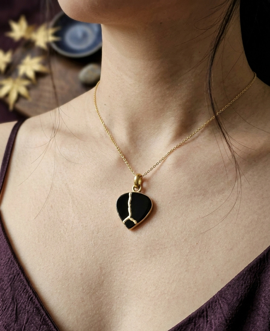 AAA ONYX Jewelry Necklace KINTSUGI ART JAPANESE Jewelry Gift Gold Plated Chain