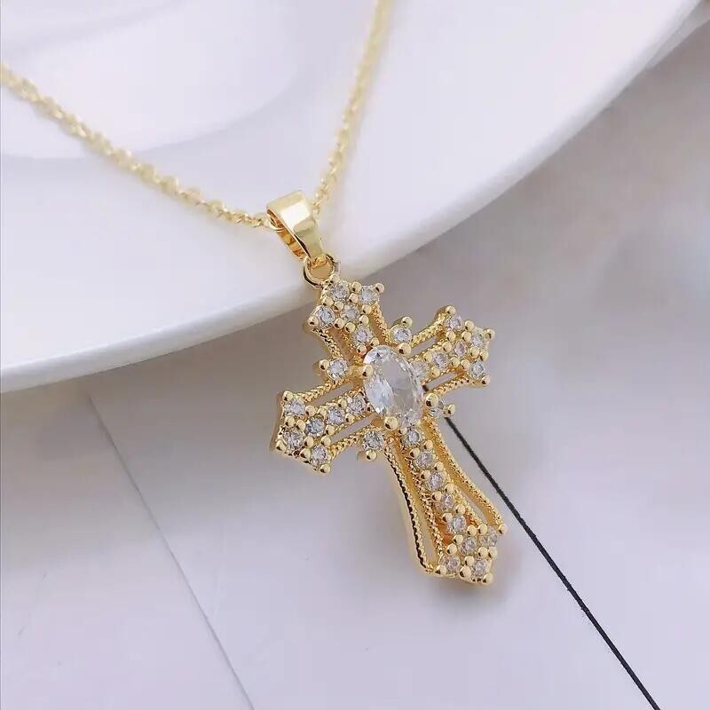 Women Luxury 14K Gold Plated Rhinestone Crystal Cross Pendant Necklace Charm New