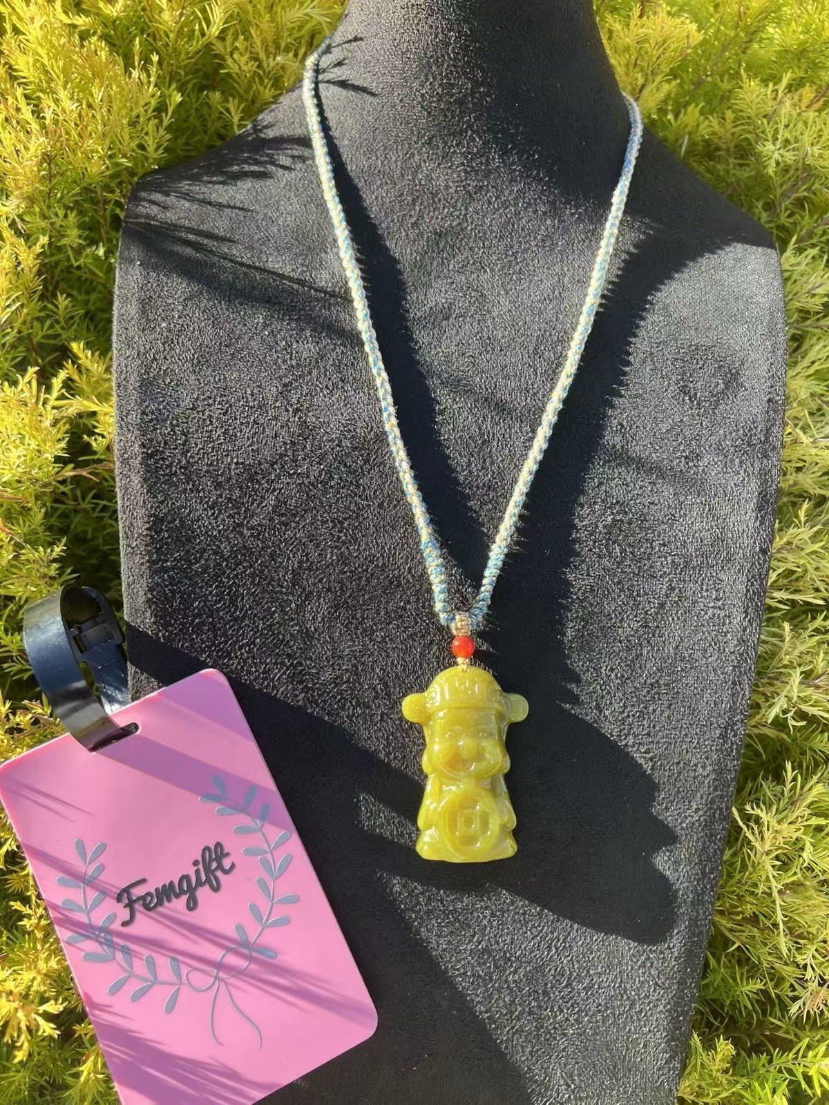 A01-2 Serpentine Jade- Handcrafted God of Fortune Green Pendant Necklace