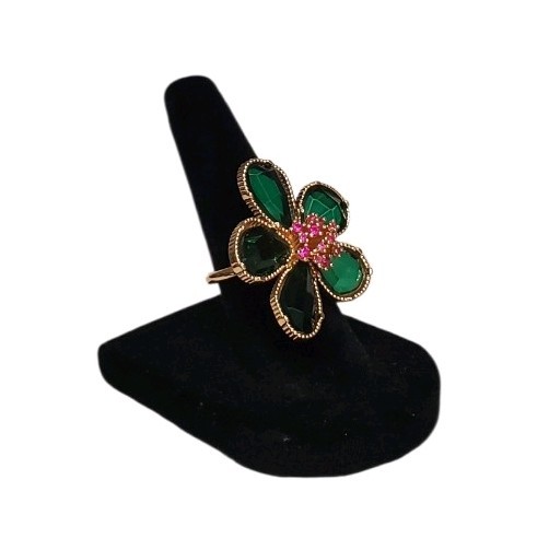 Estate Gold-Tone Green Coated Glass & Pink Spinel Flower Ring Size 6 (Approx.)