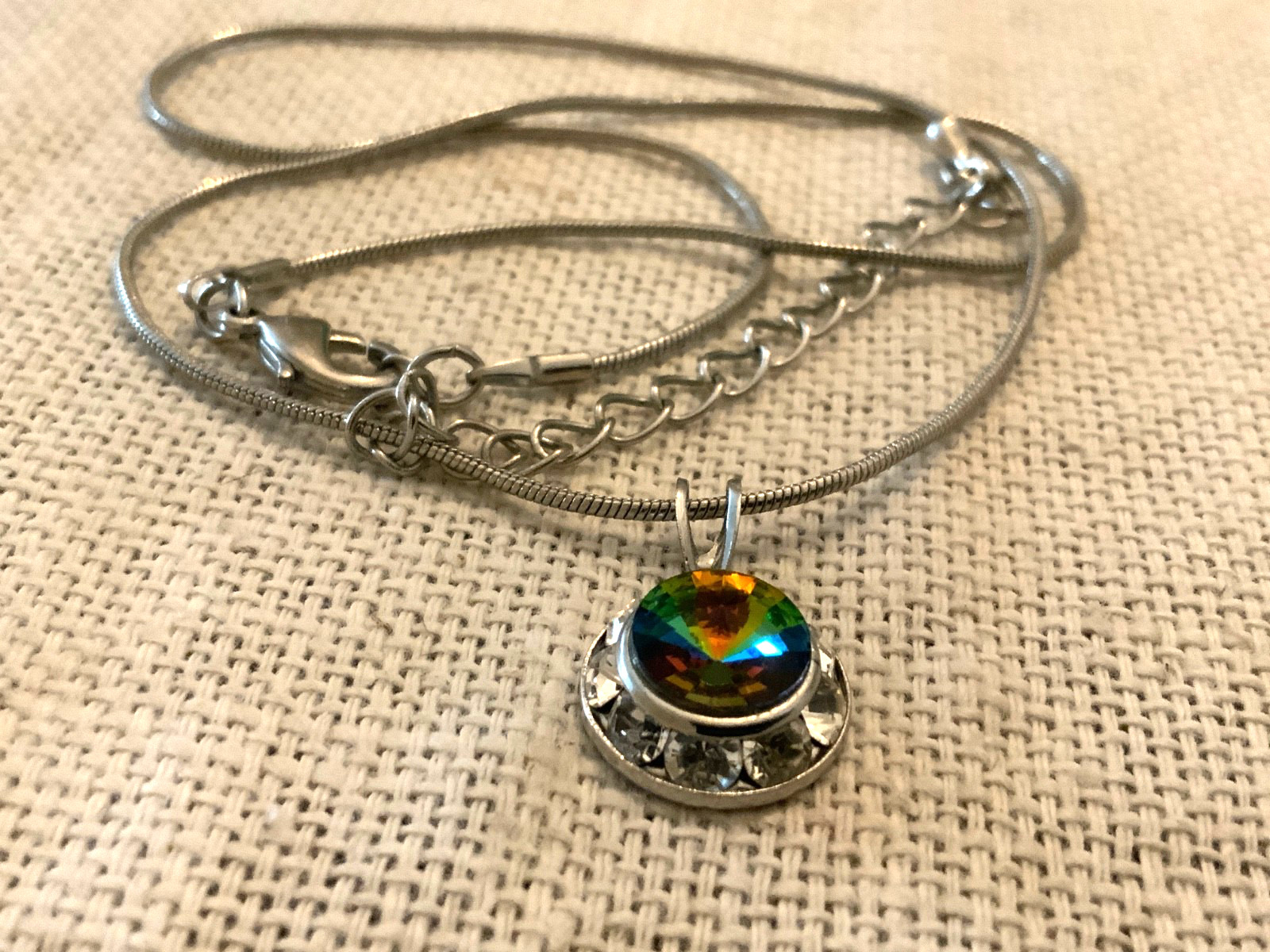 Rhinestone peacock pendant necklace Rivoli Prom party 16in to 20in adjustable
