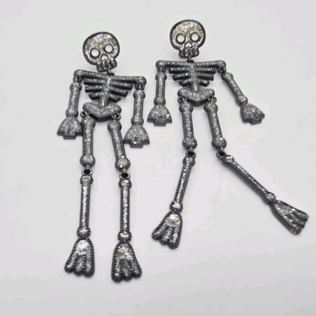 Skeleton earrings Halloween Jewelry Moving Full Body Enamel Grey Black 3.5 in