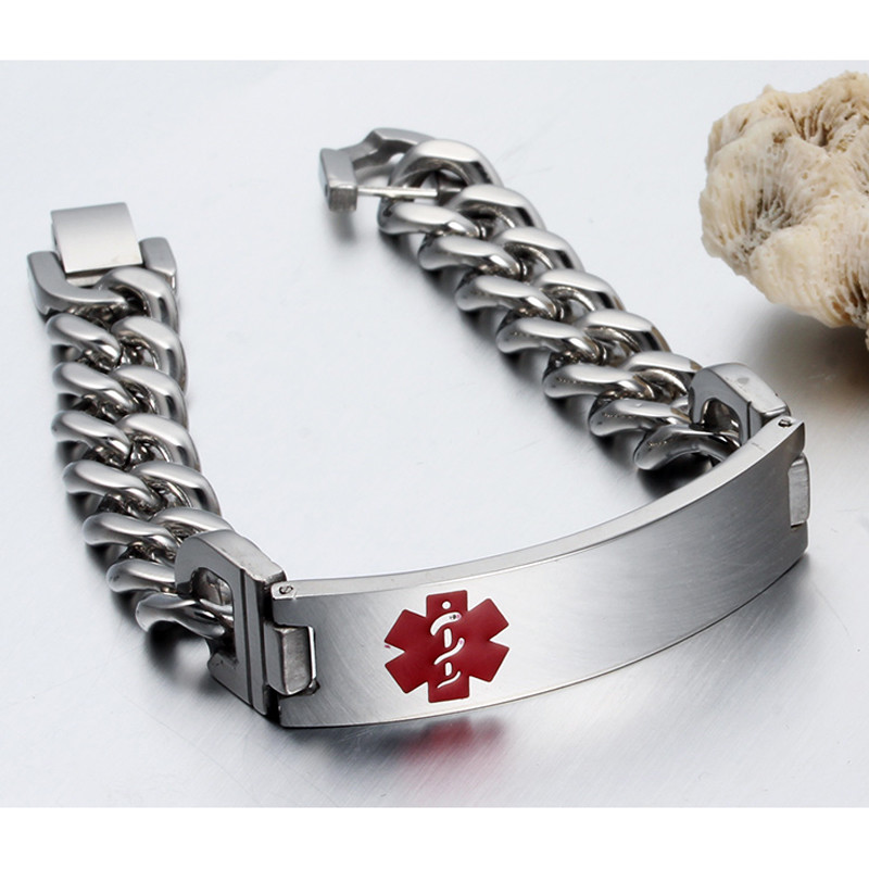 Men Medical Alert ID Chain Bracelet Wristband DIY Free Engraving Stainless Steel