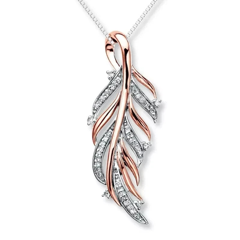2Ct Round Cut Simulated Diamond Fancy Feather Charm Pendant 14k Rose Gold Plated