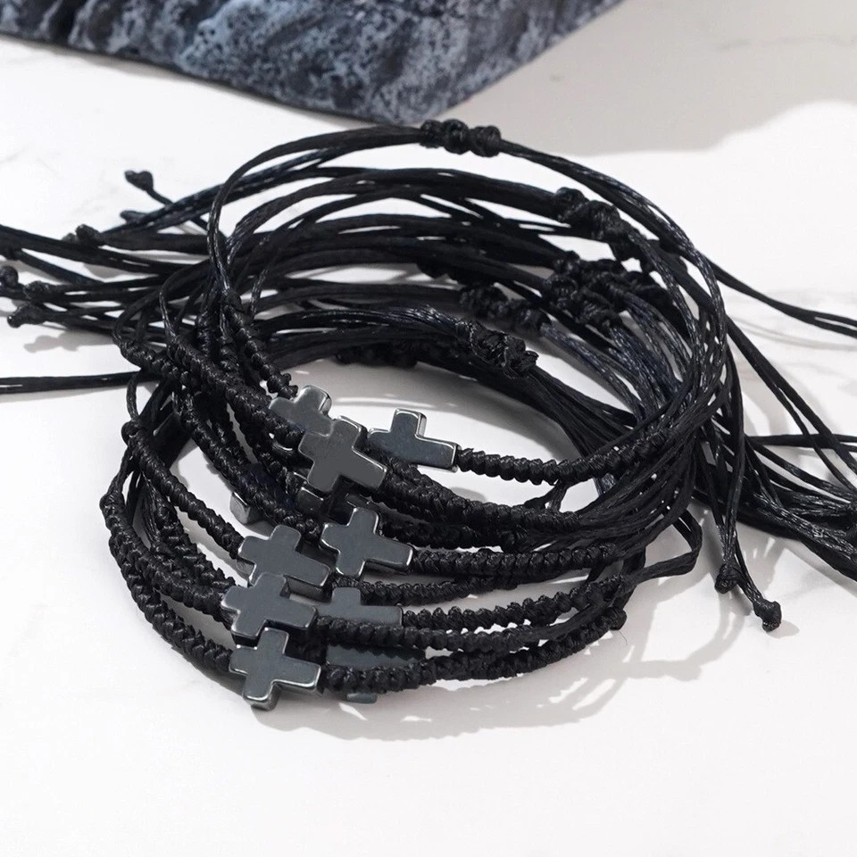 Natural Hematite Cross Charm Black String Bracelet for Men Women