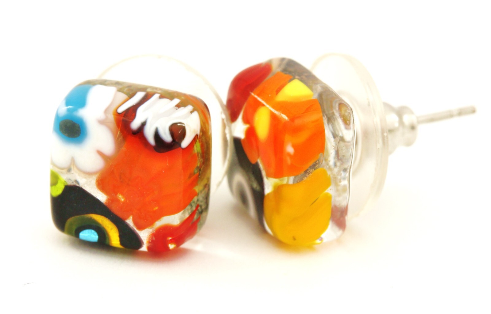 stud earrings 10.5mm square resin flower costume fashion 2.9 gram estate vintage