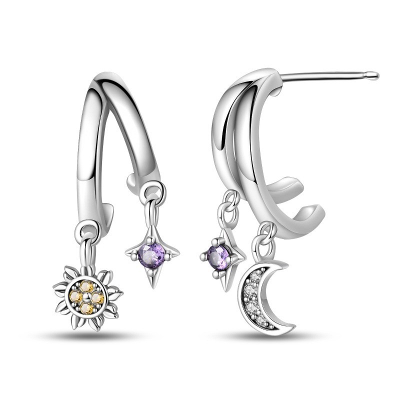 PANDACH Women 925 Sterling Silver Moon Sun Stud Earrings Cubic Zirconia CZ Gifts