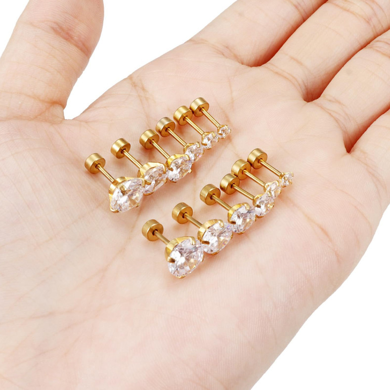 Hypoallergenic Gold-tone Stainless Steel Round CZ Stud Earrings Screw Back PE31