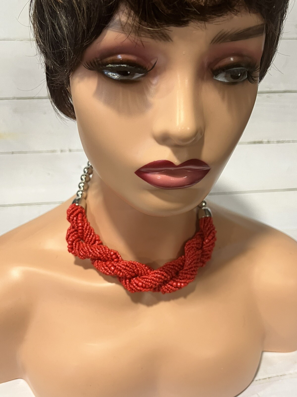 New Red Coral Seed Bead Twisted Necklace 16 inches W/ adjustable 3 Inch Extender