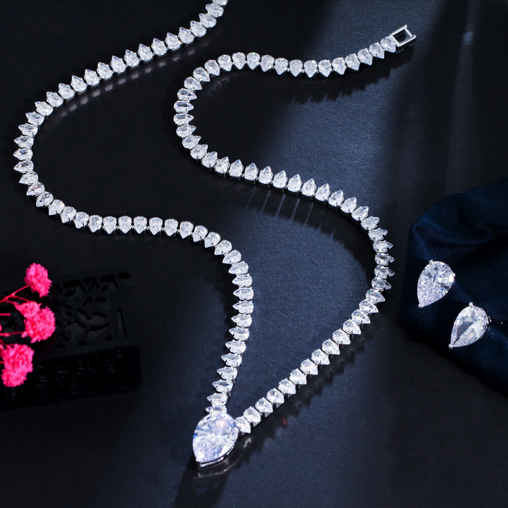 Silver Plated Long Drop Earrings Wedding Necklace Cubic Zirconia CZ Jewelry Set