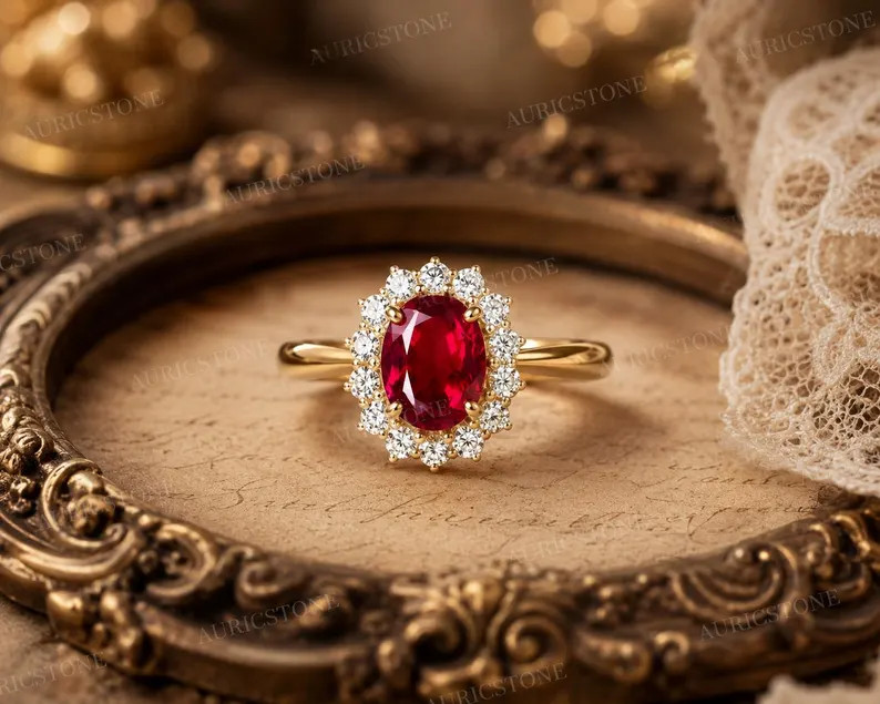 Lab Created Red Ruby Ring, Base Metal: Brass Finish: Gold Plated