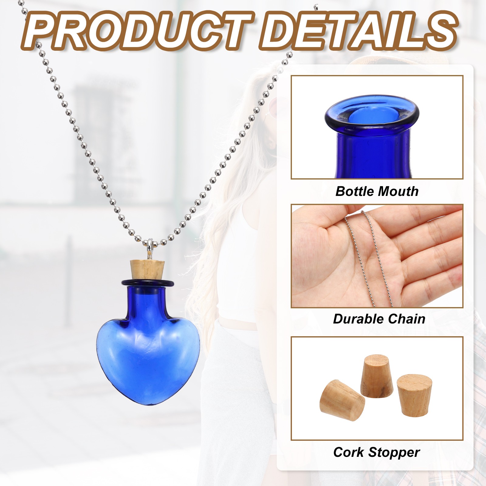 26mm Vial Necklace with Cork Stoppers Black Velvet Bag, Heart Shaped, Blue