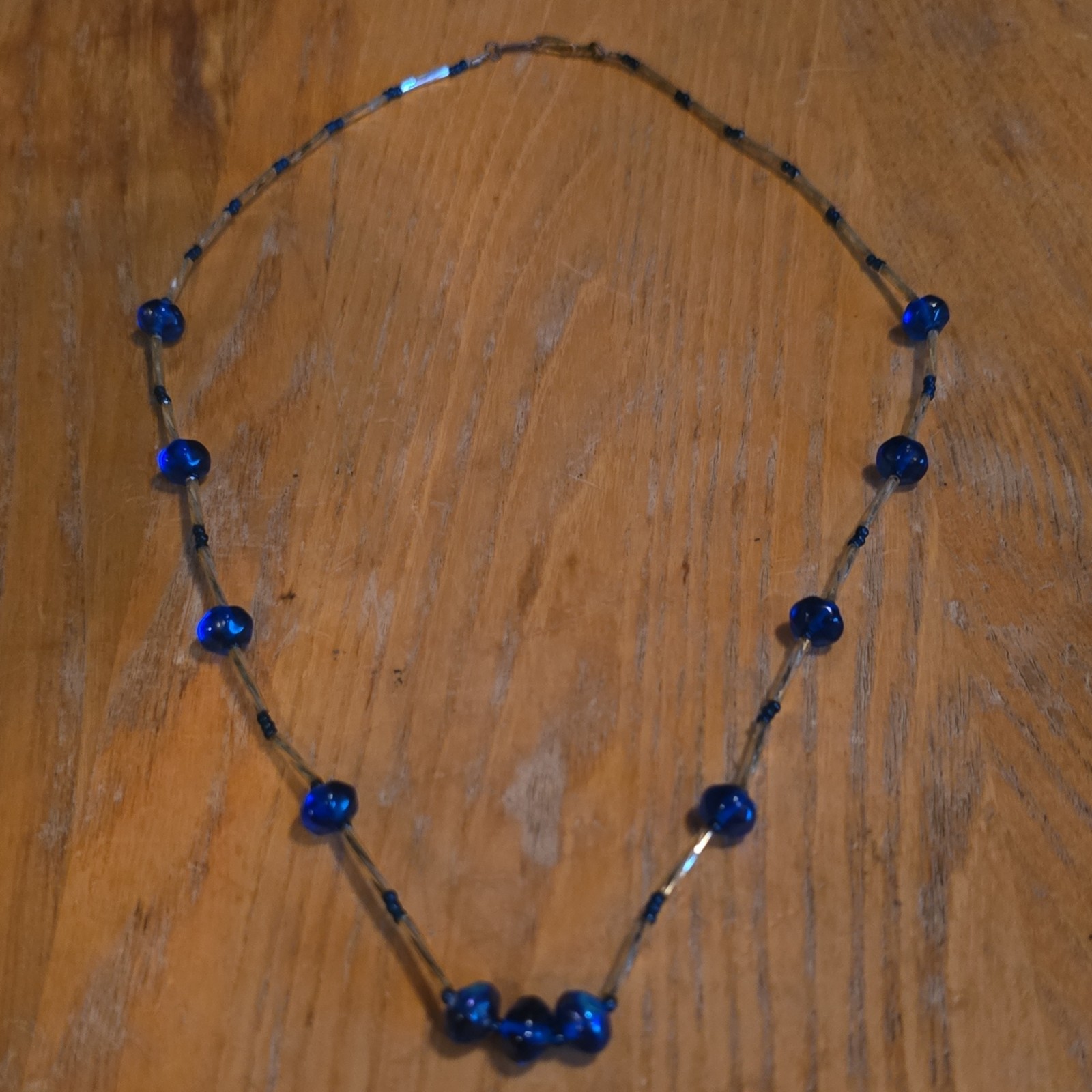Blue Round Glass Beaded Station Necklace Gold-Tone Metal Bead Chain Lobster