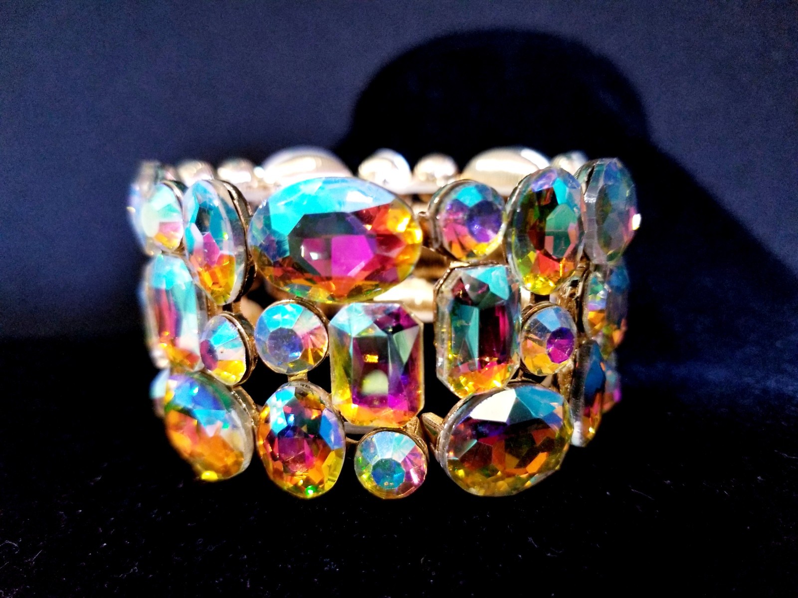 Iridescent Gold Rhinestone Stretch Bracelet Statement Drag Pageant Prom Bridal