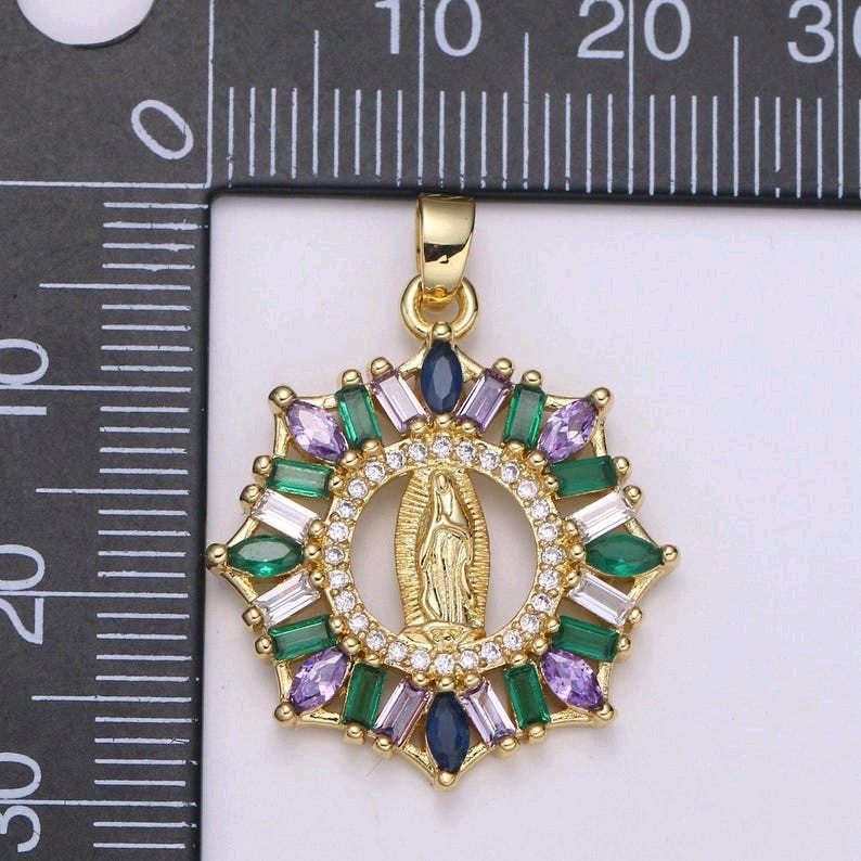 18k Gold Filled CZ Pave Virgin Mother Mary Pendant, Purple and Green Cubic Zirco