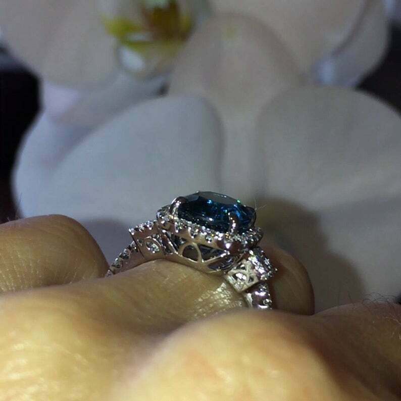 2Ct Cushion Simulated London Blue Topaz Halo Ring 14K White Gold Plated Silver