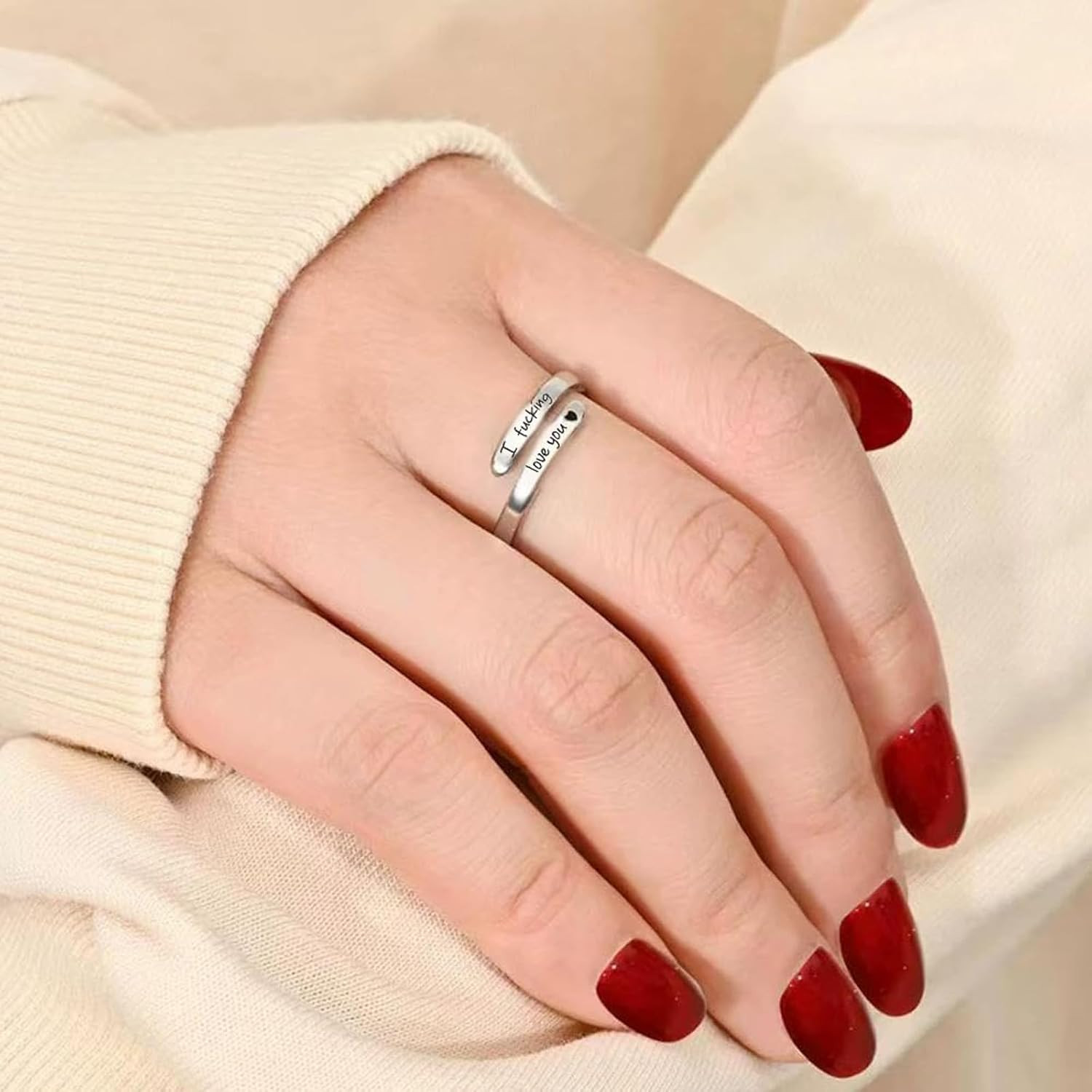 sunglnl I Fcking Love You Ring For Women, Open Adjustable Adjustable, Silver