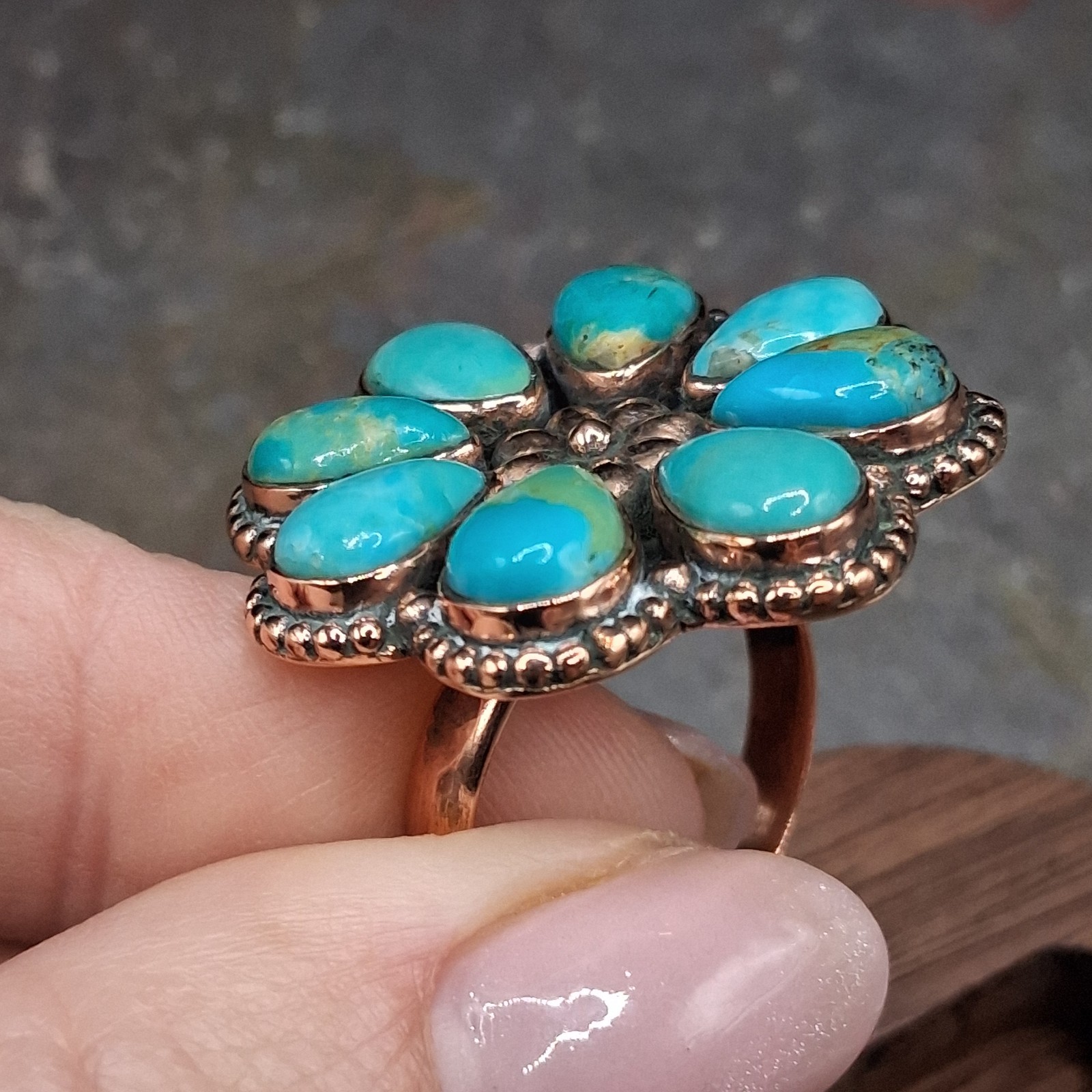 Kingman Turquoise Ring Flower Cluster Ring Solid Copper Southwestern Sz 5.5-10.5