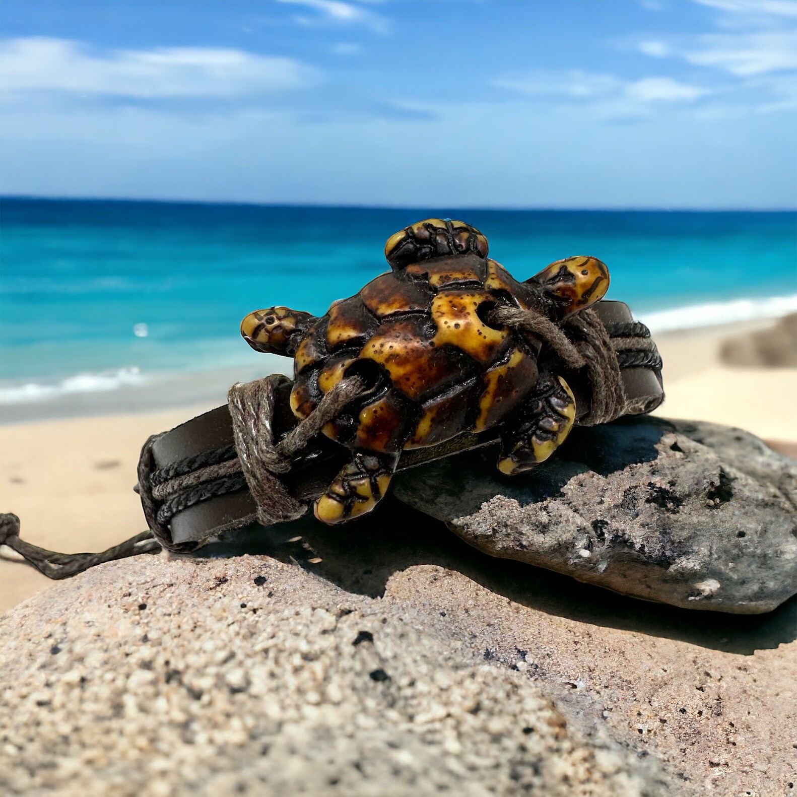 Handcrafted Brown Turtle Bracelet with Adjustable Leather Cord – Unique Jewelry