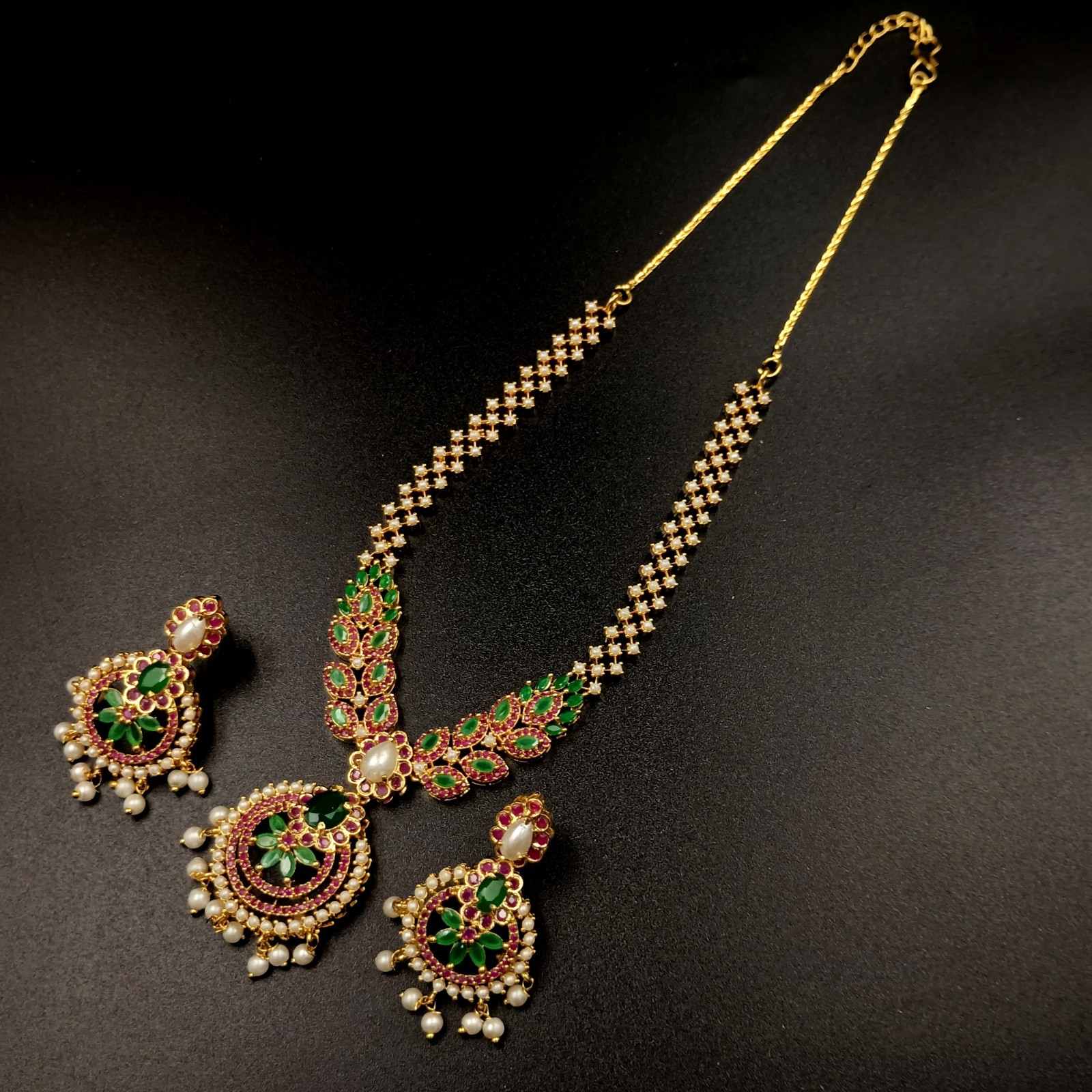 Vintage Style Ruby Emerald Pearl Necklace 22k Gold Plated Handmade Set