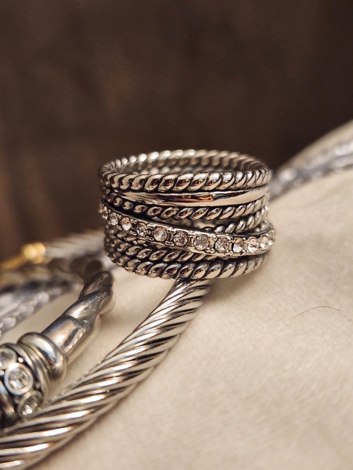 Twisted Rope Stack Ring with Pave Accents- Size 7