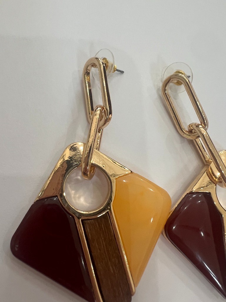 Geometric Earrings Gold Amber Wine Blush Wood 3” Mod Uncas Int Vendor Sample