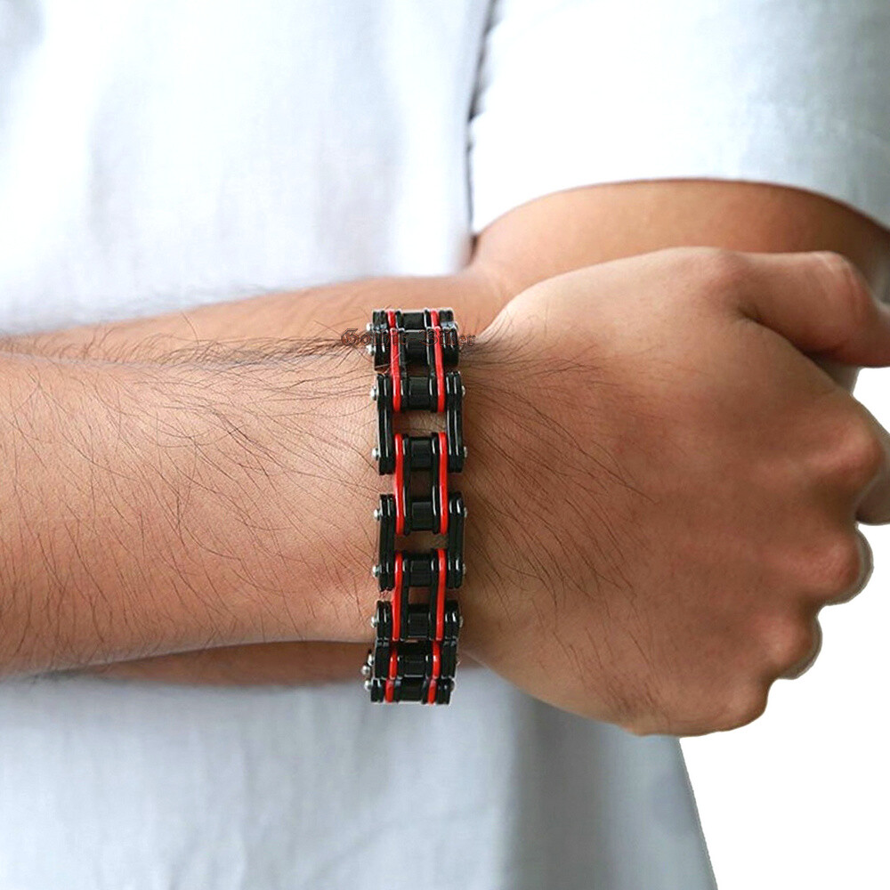 SOLID Black Red Stainless Steel Motorcycle Bike Chain Men’s Bracelet 9″ Inch(L)