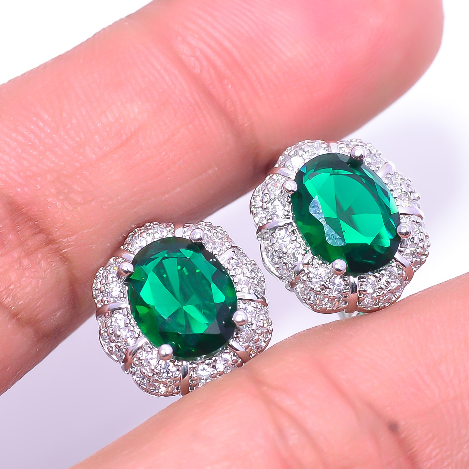 Tsavorite & CZ Gemstone 925 Sterling Silver Handmade Jewelry Earring 0.59″ E17